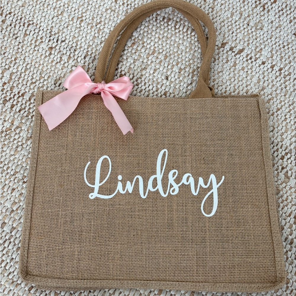 Burlap Tote Bag with Pink Bow